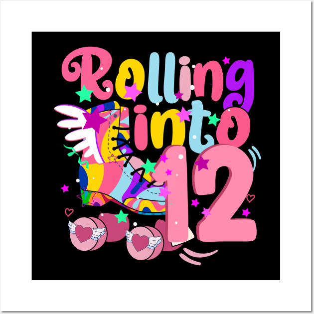 rolling into 12 - 12th birthday girl roller skates theme party Wall Art by savage land 